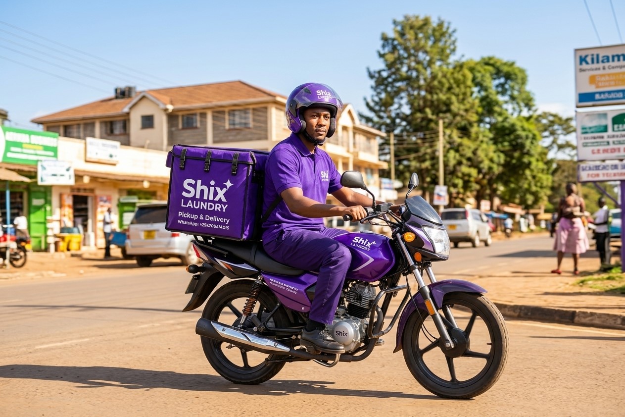 Motorcycle rider providing laundry pickup and delivery