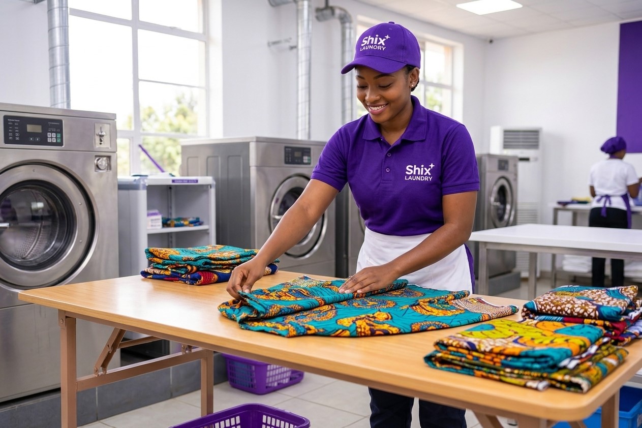 Customer being assisted at the laundry reception